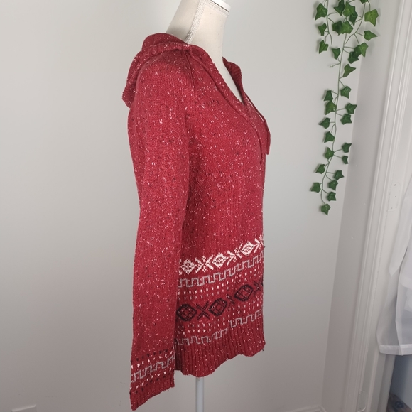 Gitano Holiday Knit Sweater Medium Red V-Neck W/ Hood -Long Sleeve -Drawstring - Picture 2 of 14